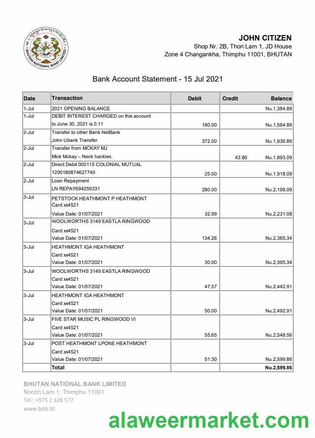 Bhutan National Bank statement easy to fill template in Excel and PDF format